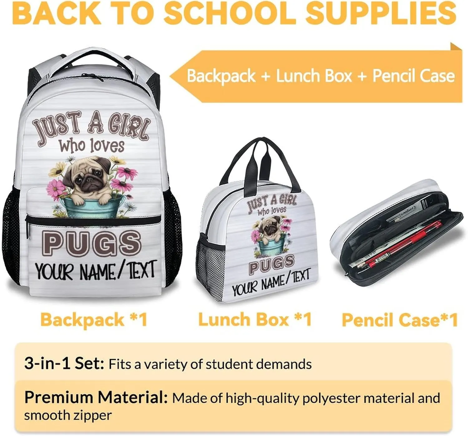 Personalized Cute Pug Backpack with Lunch Box And Pencil Case, 16 Inch Dog Theme Bookbag with Adjustable Straps, Durable, Lightweight, Large Capacity, School Backpack for Kids Girls Boys
