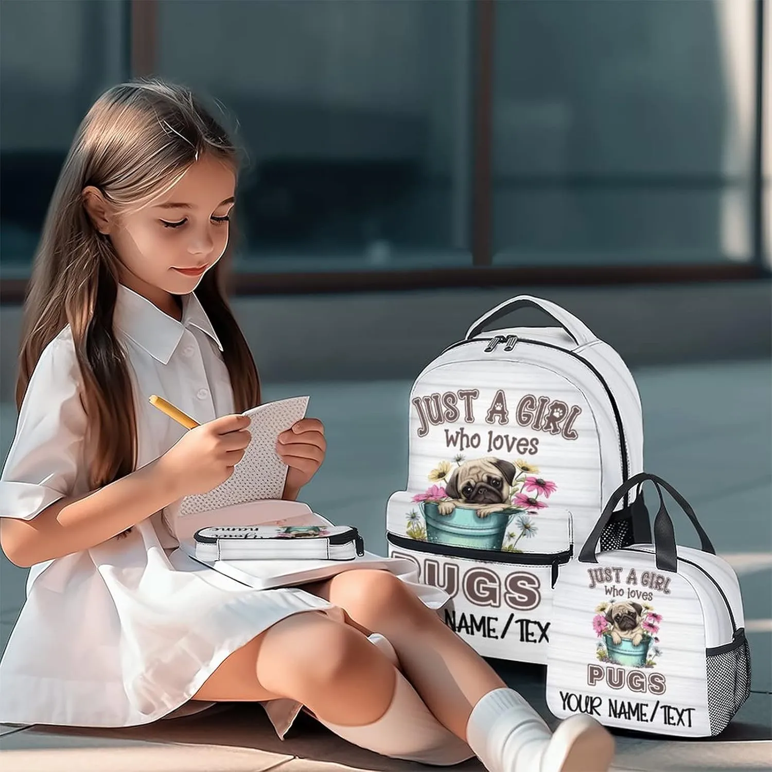 Personalized Cute Pug Backpack with Lunch Box And Pencil Case, 16 Inch Dog Theme Bookbag with Adjustable Straps, Durable, Lightweight, Large Capacity, School Backpack for Kids Girls Boys