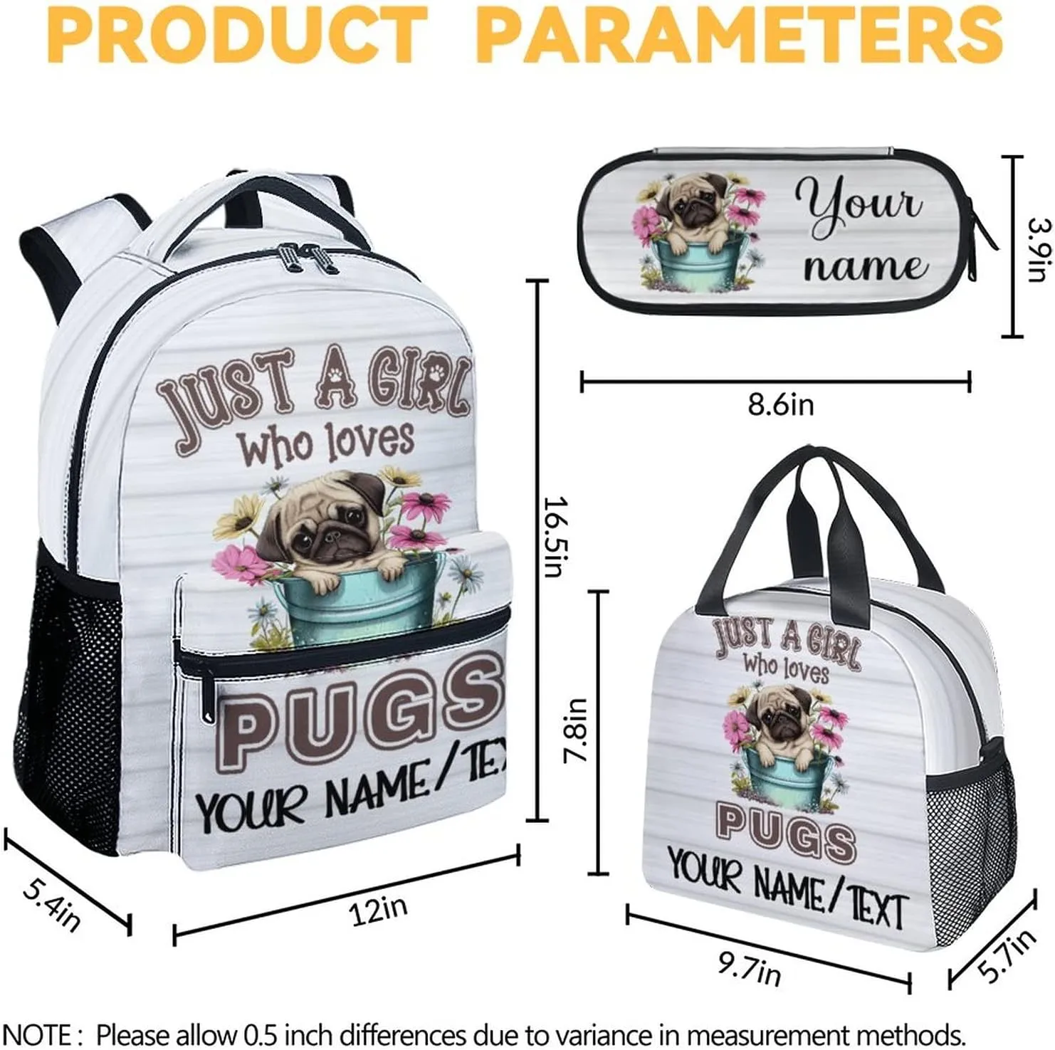 Personalized Cute Pug Backpack with Lunch Box And Pencil Case, 16 Inch Dog Theme Bookbag with Adjustable Straps, Durable, Lightweight, Large Capacity, School Backpack for Kids Girls Boys