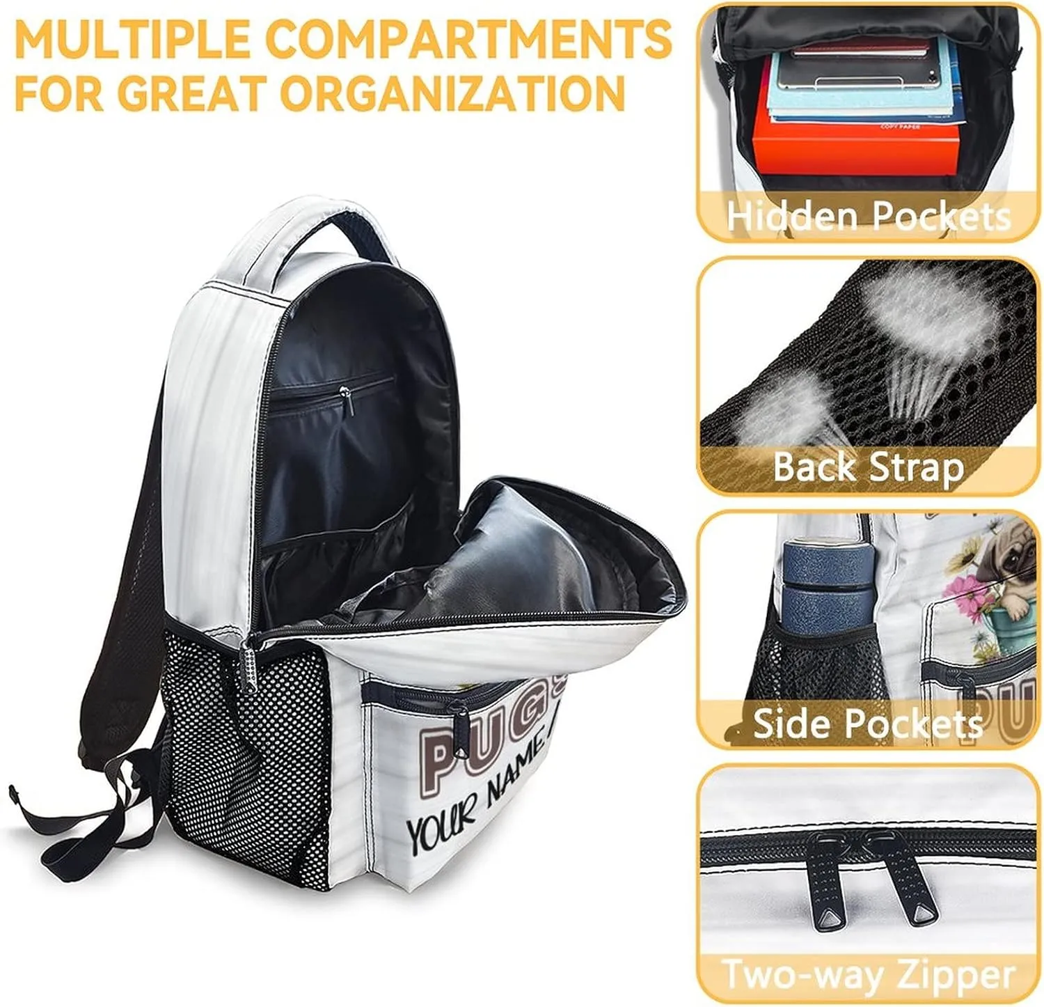 Personalized Cute Pug Backpack with Lunch Box And Pencil Case, 16 Inch Dog Theme Bookbag with Adjustable Straps, Durable, Lightweight, Large Capacity, School Backpack for Kids Girls Boys