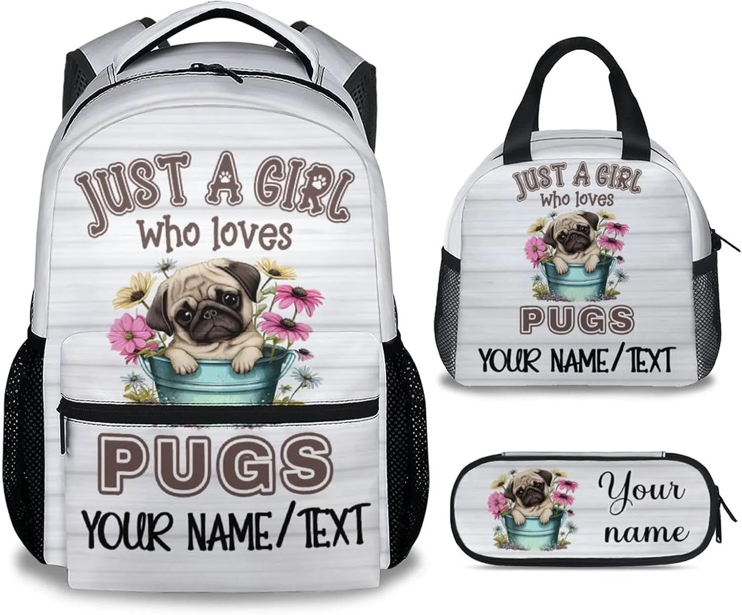 Personalized Cute Pug Backpack with Lunch Box And Pencil Case, 16 Inch Dog Theme Bookbag with Adjustable Straps, Durable, Lightweight, Large Capacity, School Backpack for Kids Girls Boys