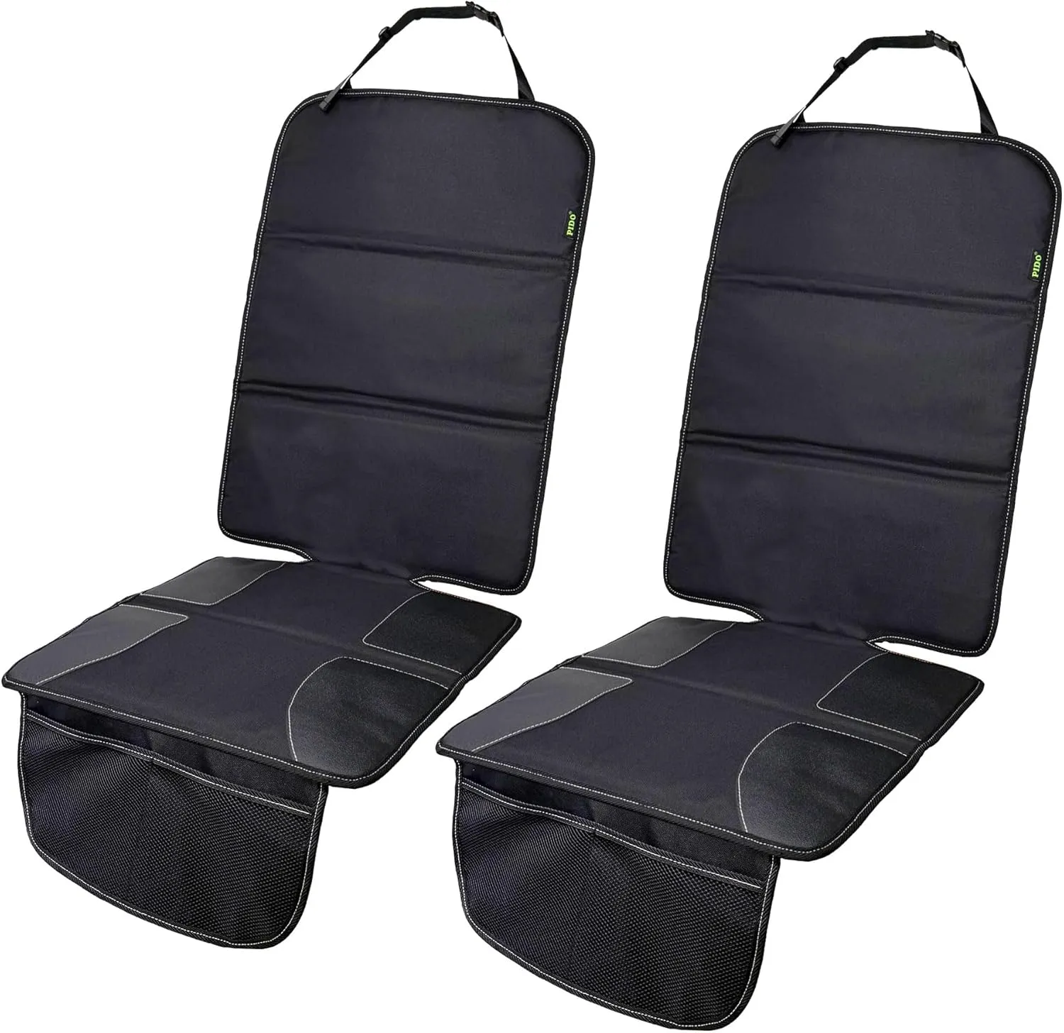 PIDO Car Seat Protector for Child Car Seat with Thick Padding and Storage Pockets, 2 Pack Seat Cover Protector Mats, Full Coverage Vehicle Seat Protection, Black with White Stitching