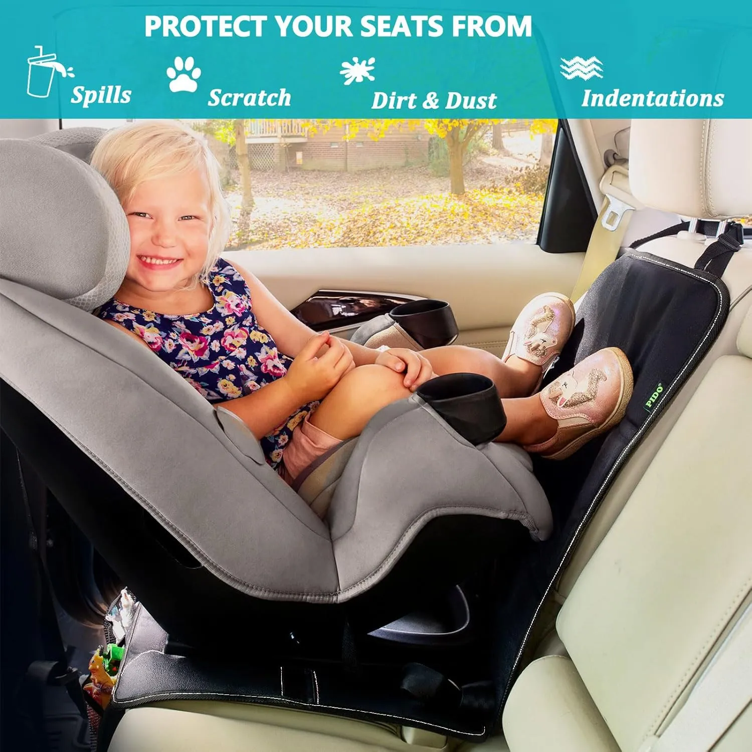 PIDO Car Seat Protector for Child Car Seat with Thick Padding and Storage Pockets, 2 Pack Seat Cover Protector Mats, Full Coverage Vehicle Seat Protection, Black with White Stitching