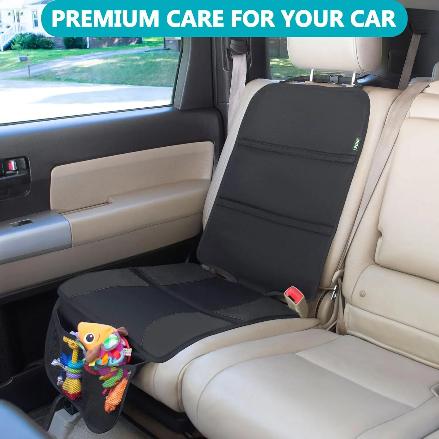 PIDO Car Seat Protector for Child Car Seat with Thick Padding and Storage Pockets, 2 Pack Seat Cover Protector Mats, Full Coverage Vehicle Seat Protection, Black with White Stitching