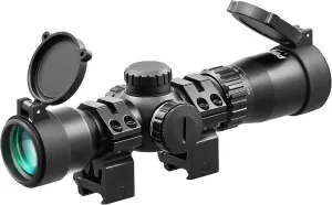 PINTY 1.5-5x32 Crossbow Scope, SFP Optics Scope Crossbow 20-100 Yards Etched Glass Ballistic Reticle, Red Green Illuminated Crossbow Scope for Hunting,with 20mm Scope Rings