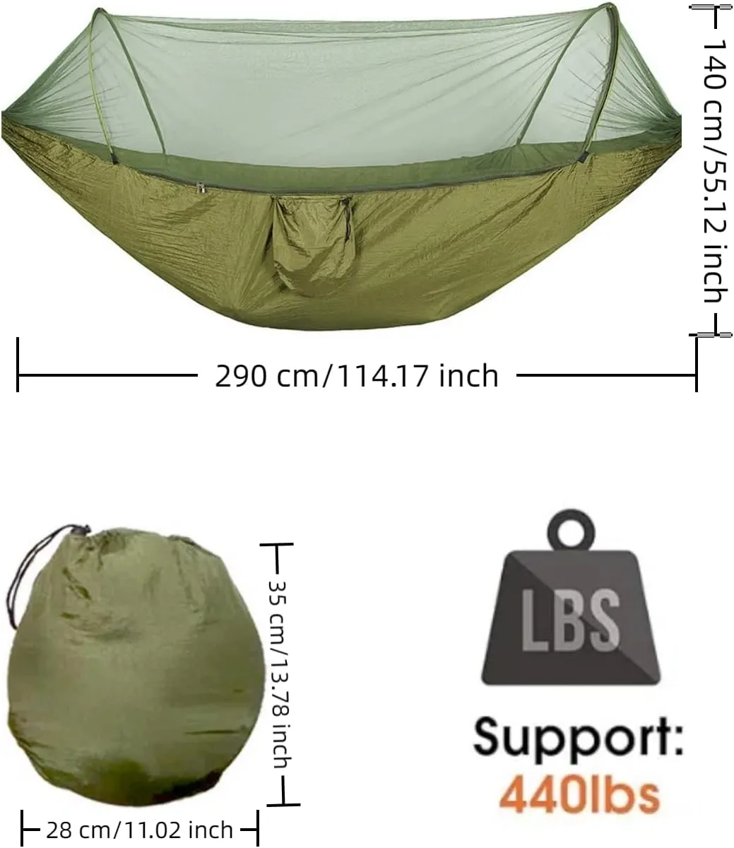 Pop up Hammock with Mosquito net - Ultra Light Outdoor Camping  for Adults with Capacity of 200 kilograms,Hammock Swing for 2 Tree Ties, 2 Black Gold Steel Buckles, Outdoor Storage Bag (Black)