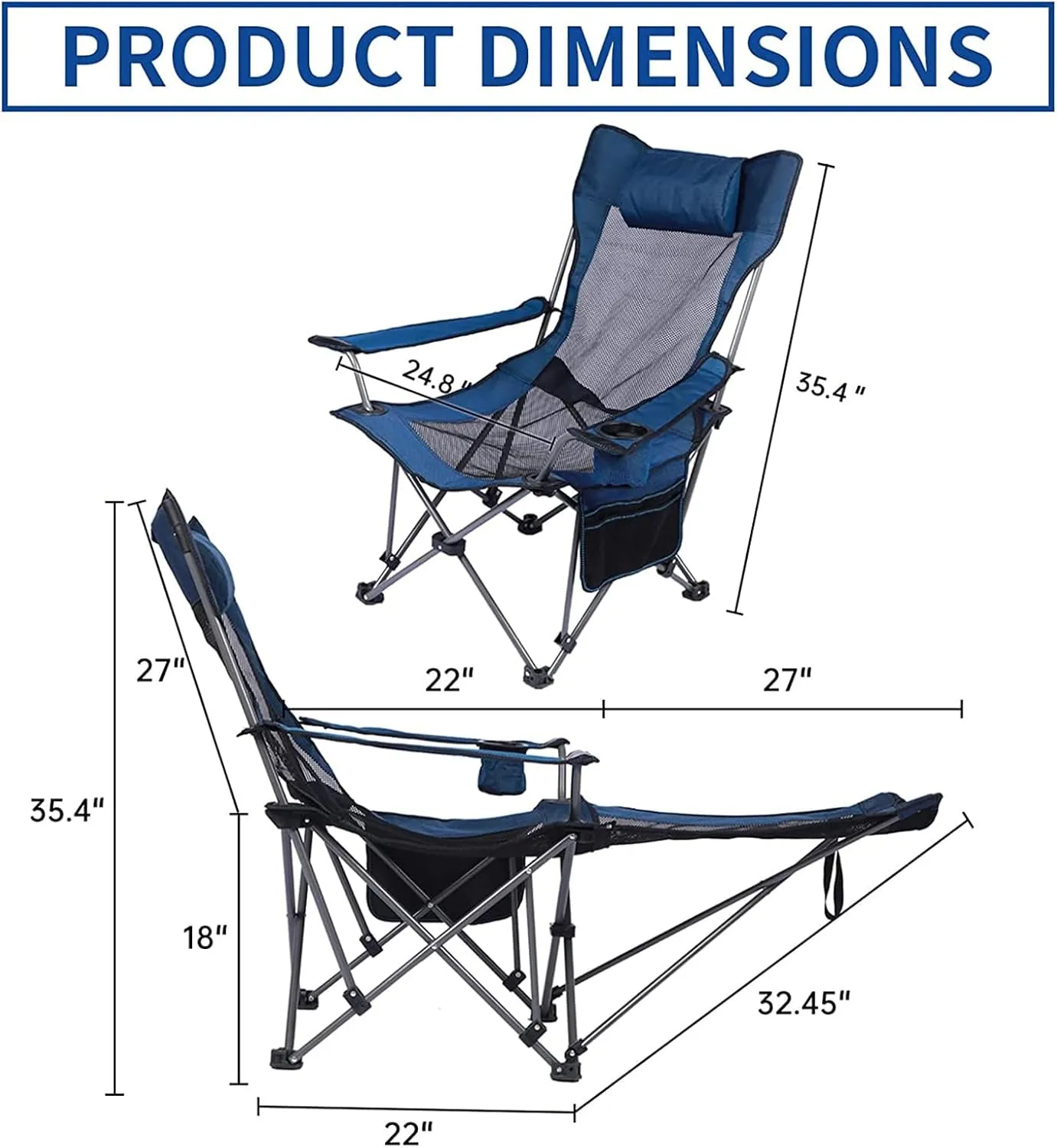 Portable Camping Chair with Adult Detachable Footrest Mesh Folding Recliner, Can Sit and Lie Down, with Cup Holder and Storage Mesh Bag, Heavy Support 260 lbs