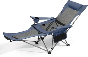 Portable Camping Chair with Adult Detachable Footrest Mesh Folding Recliner, Can Sit and Lie Down, with Cup Holder and Storage Mesh Bag, Heavy Support 260 lbs