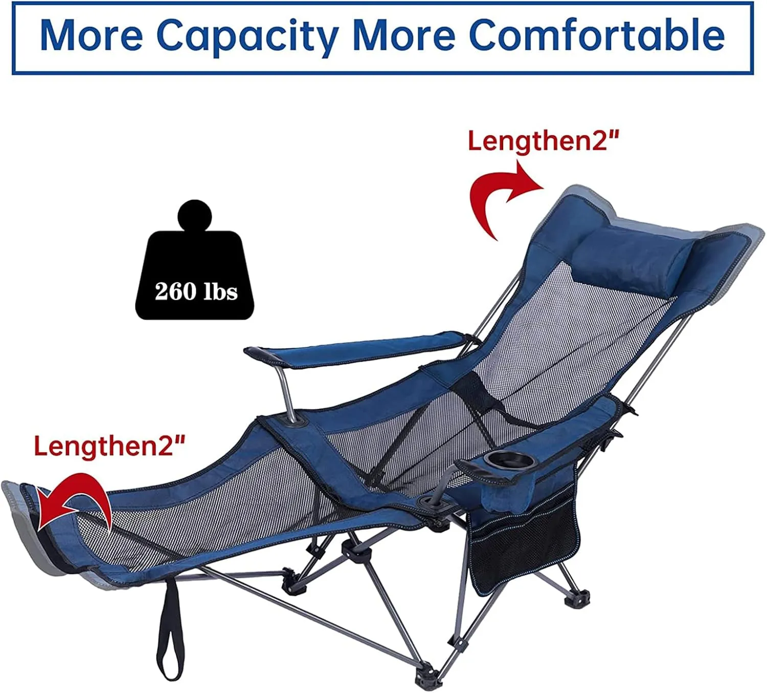 Portable Camping Chair with Adult Detachable Footrest Mesh Folding Recliner, Can Sit and Lie Down, with Cup Holder and Storage Mesh Bag, Heavy Support 260 lbs