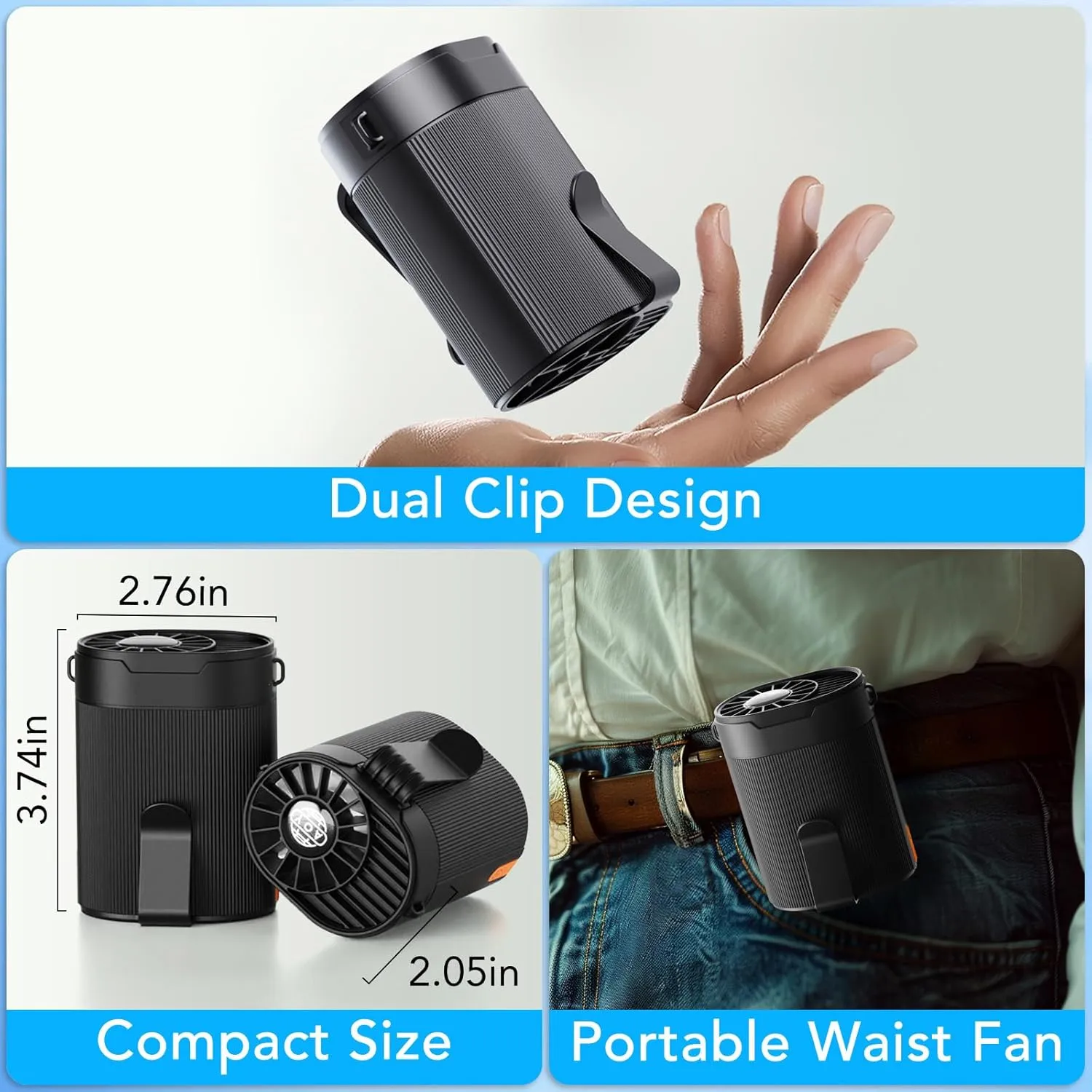 Portable Waist Fan, Rechargeable 3000mAh Battery, 25H Runtime, 6600RPM Turbo Dual Clip, 4 Speeds Adjustable, Belt Fans for Hiking, Riding, Fishing, Hands-Free Hanging Fan Gifts for Hiker, Worker