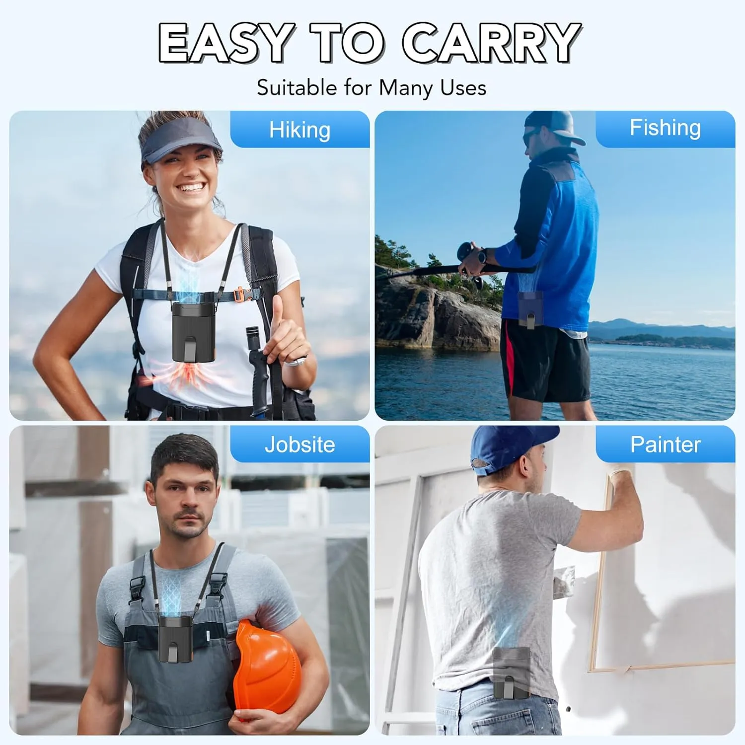 Portable Waist Fan, Rechargeable 3000mAh Battery, 25H Runtime, 6600RPM Turbo Dual Clip, 4 Speeds Adjustable, Belt Fans for Hiking, Riding, Fishing, Hands-Free Hanging Fan Gifts for Hiker, Worker