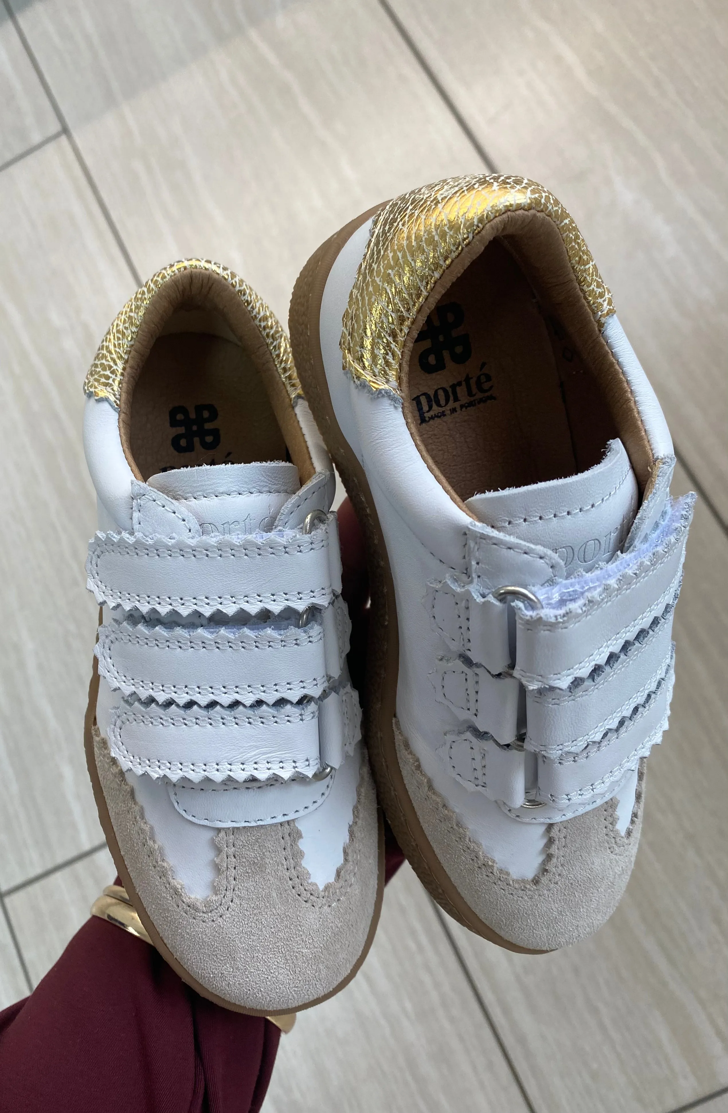 Porte White and Gold Scalloped Velcro Sneaker