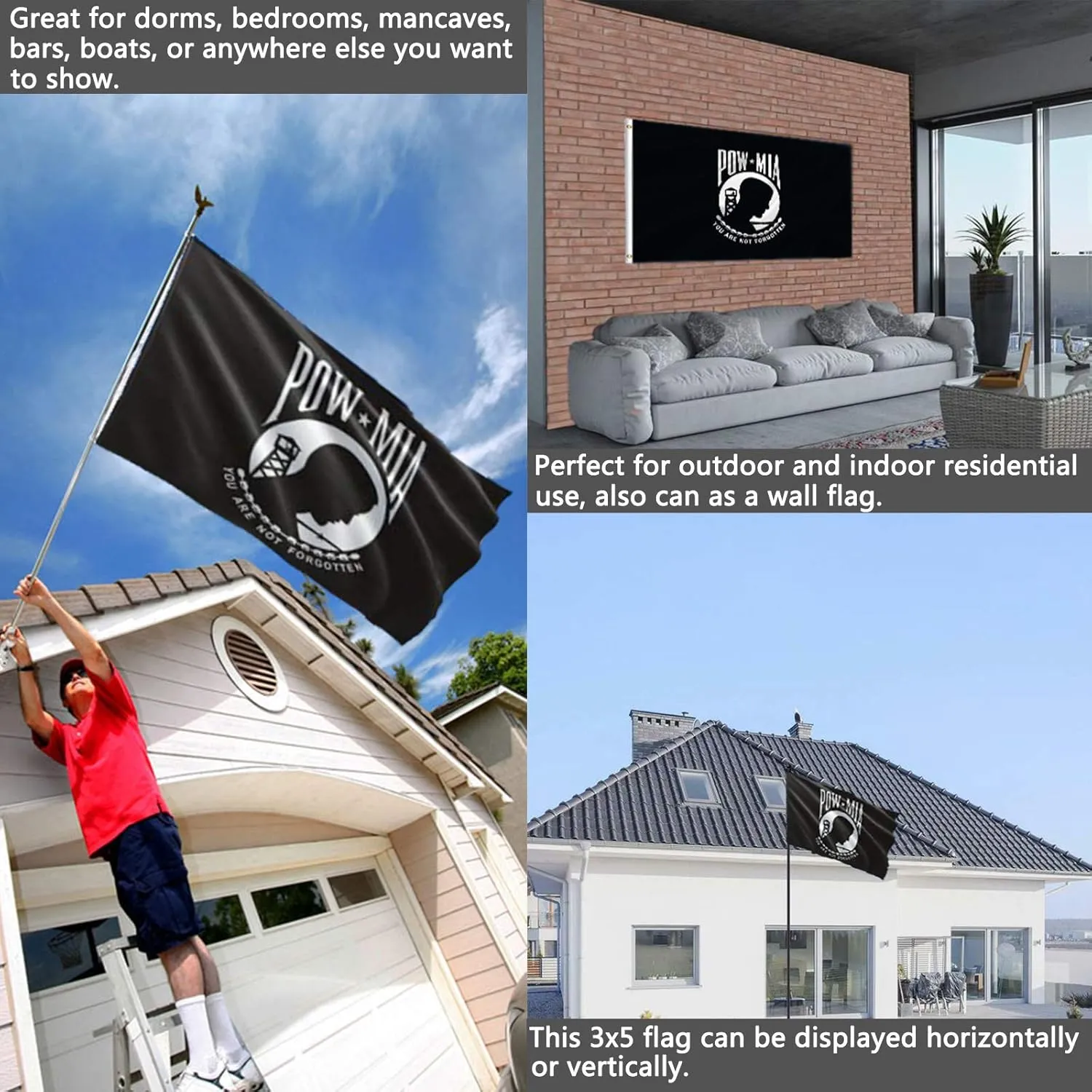 Pow Mia Flag Double Sided 5x8 Outdoor- Heavy Duty Polyester You are Not Forgotten Prisoner of War Mia pow Flags Banner with 2 Brass Grommets,4 Rows Stitched