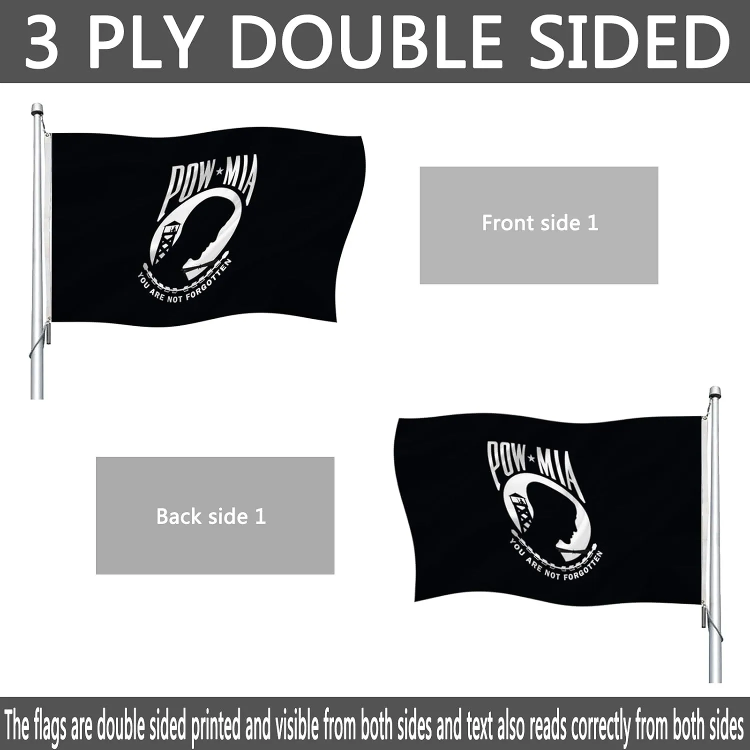 Pow Mia Flag Double Sided 5x8 Outdoor- Heavy Duty Polyester You are Not Forgotten Prisoner of War Mia pow Flags Banner with 2 Brass Grommets,4 Rows Stitched