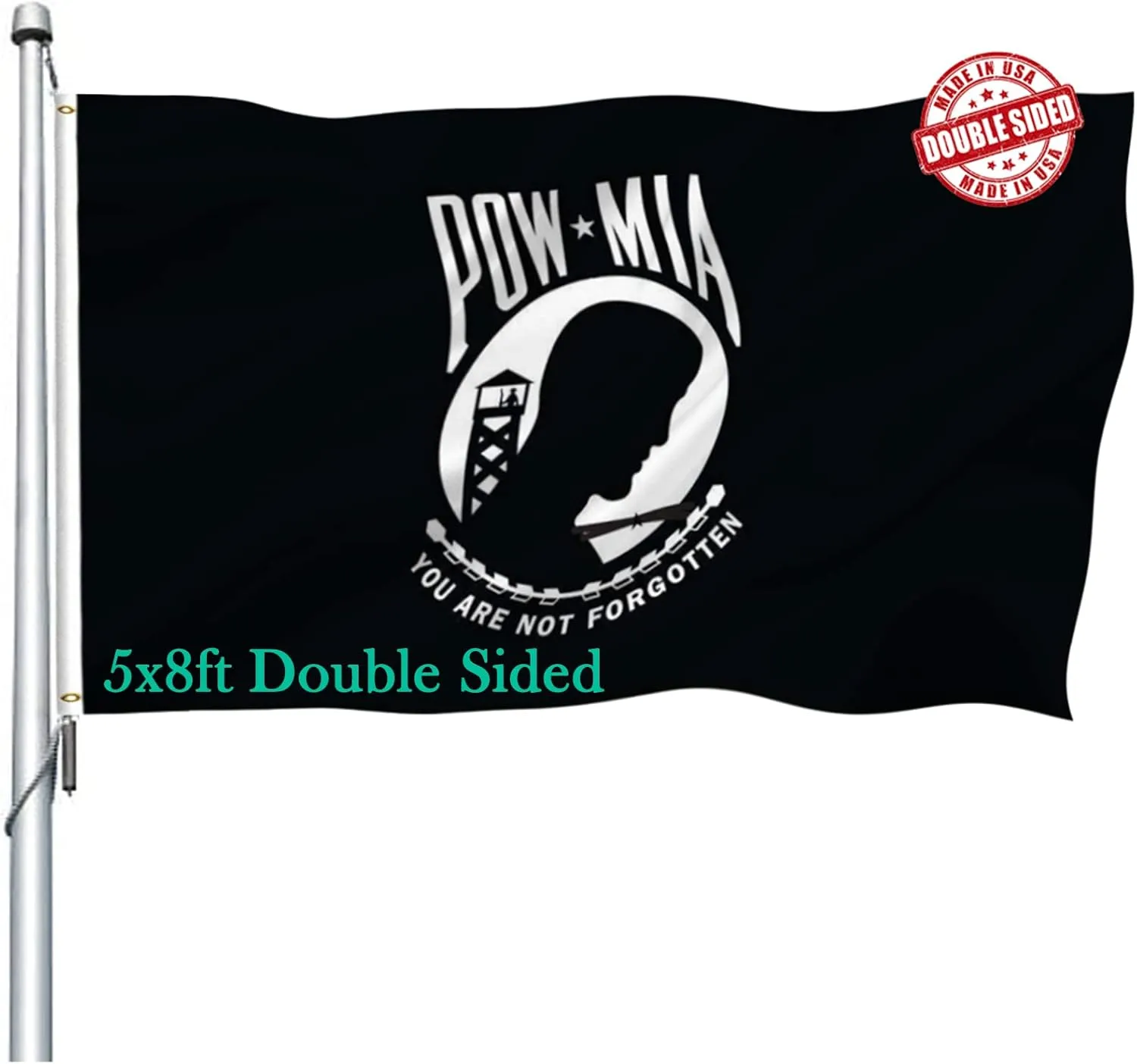 Pow Mia Flag Double Sided 5x8 Outdoor- Heavy Duty Polyester You are Not Forgotten Prisoner of War Mia pow Flags Banner with 2 Brass Grommets,4 Rows Stitched