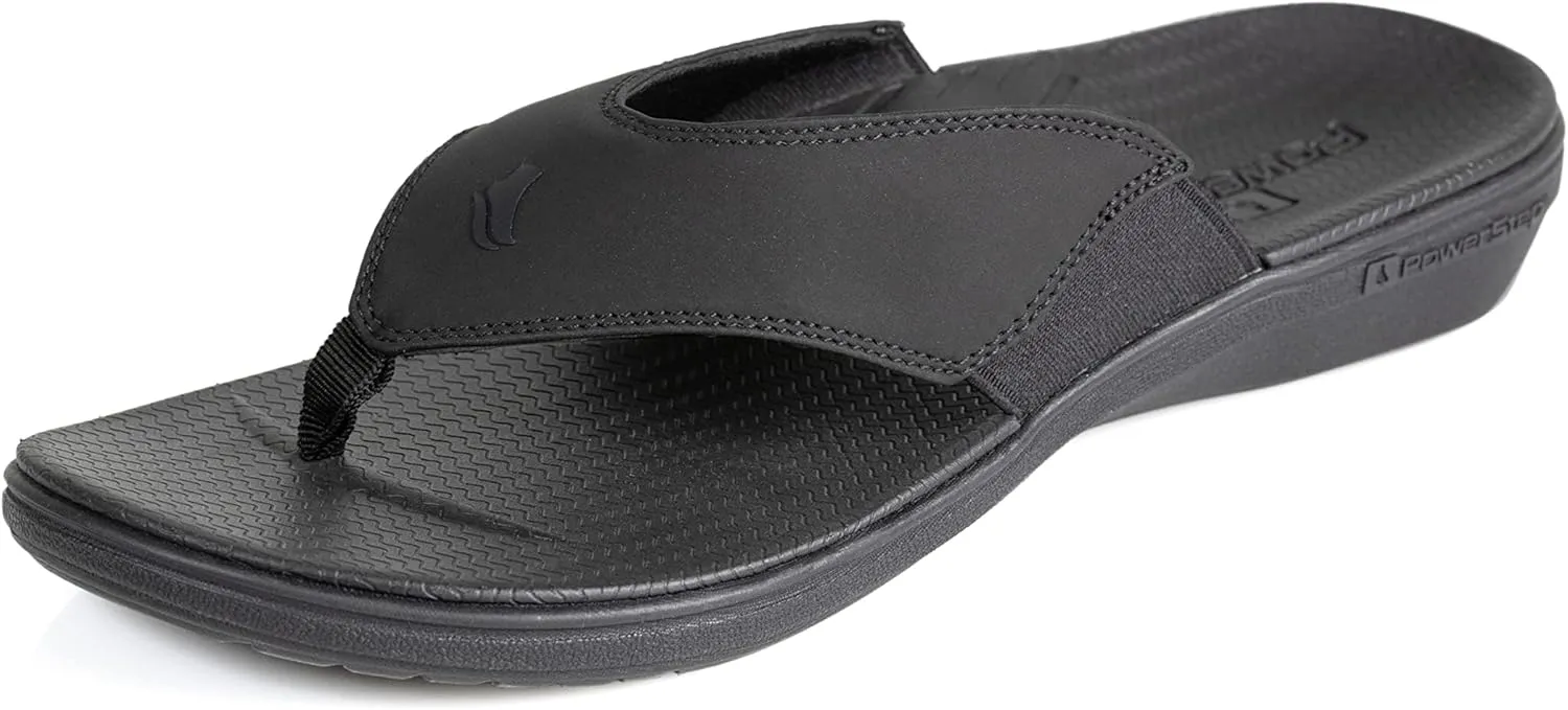 PowerStep Men's Arch Support Orthotic Flip Flop Sandals with Shock Absorbing Sole, Lightweight Non-Slip Tread, Black, 10