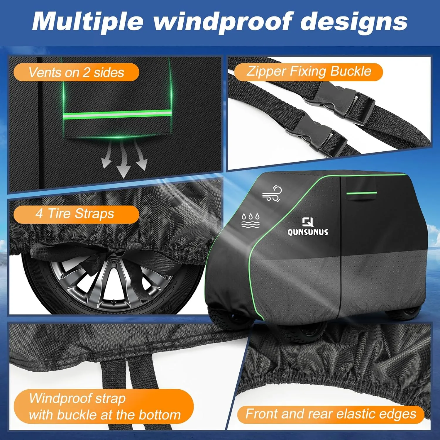 QUNSUNUS Waterproof Golf Cart Cover 2/4/4 2 Passenger for Yamaha, Honda, Club Car, EZGO, All Weather Golf Cart Rain Covers with Zipper and Straps for Wind, Sun and Dust Protection
