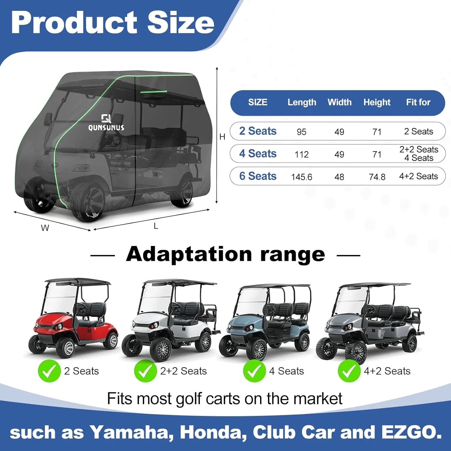 QUNSUNUS Waterproof Golf Cart Cover 2/4/4 2 Passenger for Yamaha, Honda, Club Car, EZGO, All Weather Golf Cart Rain Covers with Zipper and Straps for Wind, Sun and Dust Protection