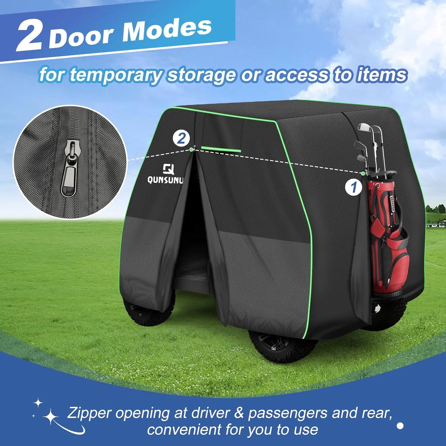 QUNSUNUS Waterproof Golf Cart Cover 2/4/4 2 Passenger for Yamaha, Honda, Club Car, EZGO, All Weather Golf Cart Rain Covers with Zipper and Straps for Wind, Sun and Dust Protection