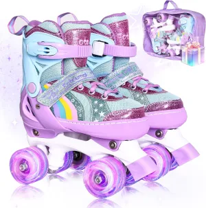 Rainbow Toddler Roller Skates - Size 4 Adjustable | Light Up Quad Skates for Girls & Boys Beginners Aged 3-12