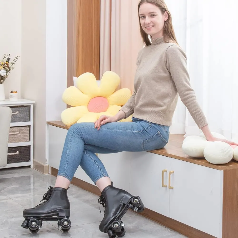 Roller Skates Women Men High-Top PU Leather Roller Skates Classic Double-Row Roller Skates Outdoor Indoor Quad-Skates with Light up Shoe Laces