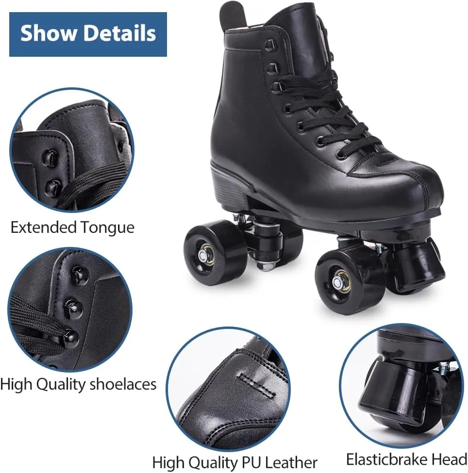 Roller Skates Women Men High-Top PU Leather Roller Skates Classic Double-Row Roller Skates Outdoor Indoor Quad-Skates with Light up Shoe Laces