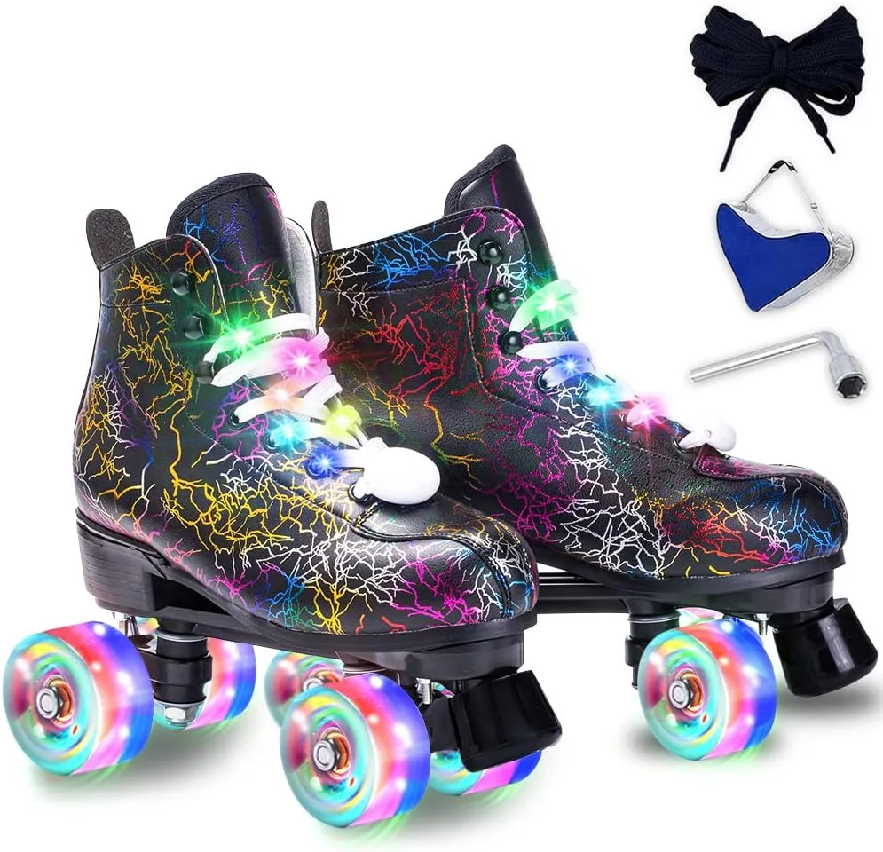 Roller Skates Women Men - Microfiber Leather Roller Skate Classic High Top Double Row Roller Skates for Indoor Outdoor with Light up Shoe Laces