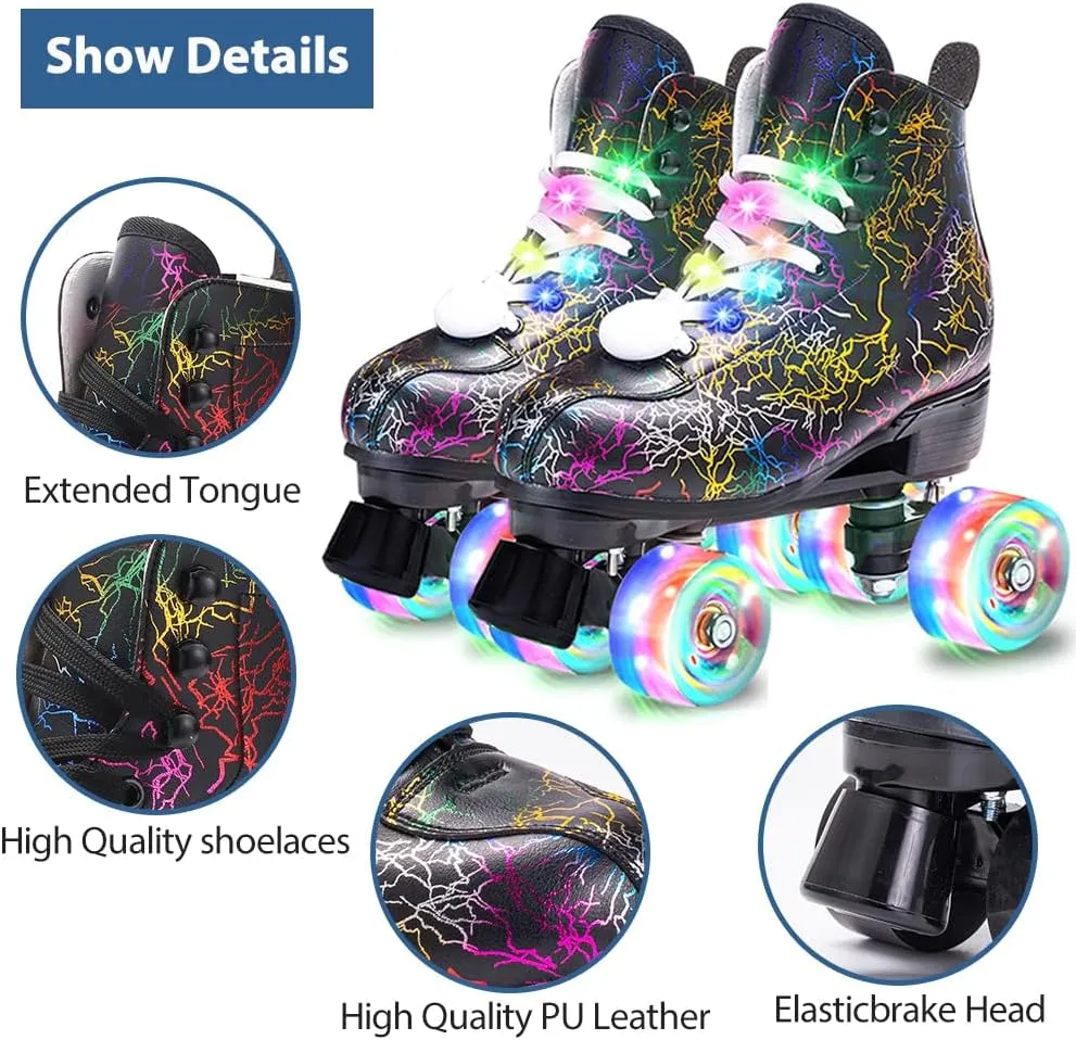 Roller Skates Women Men - Microfiber Leather Roller Skate Classic High Top Double Row Roller Skates for Indoor Outdoor with Light up Shoe Laces