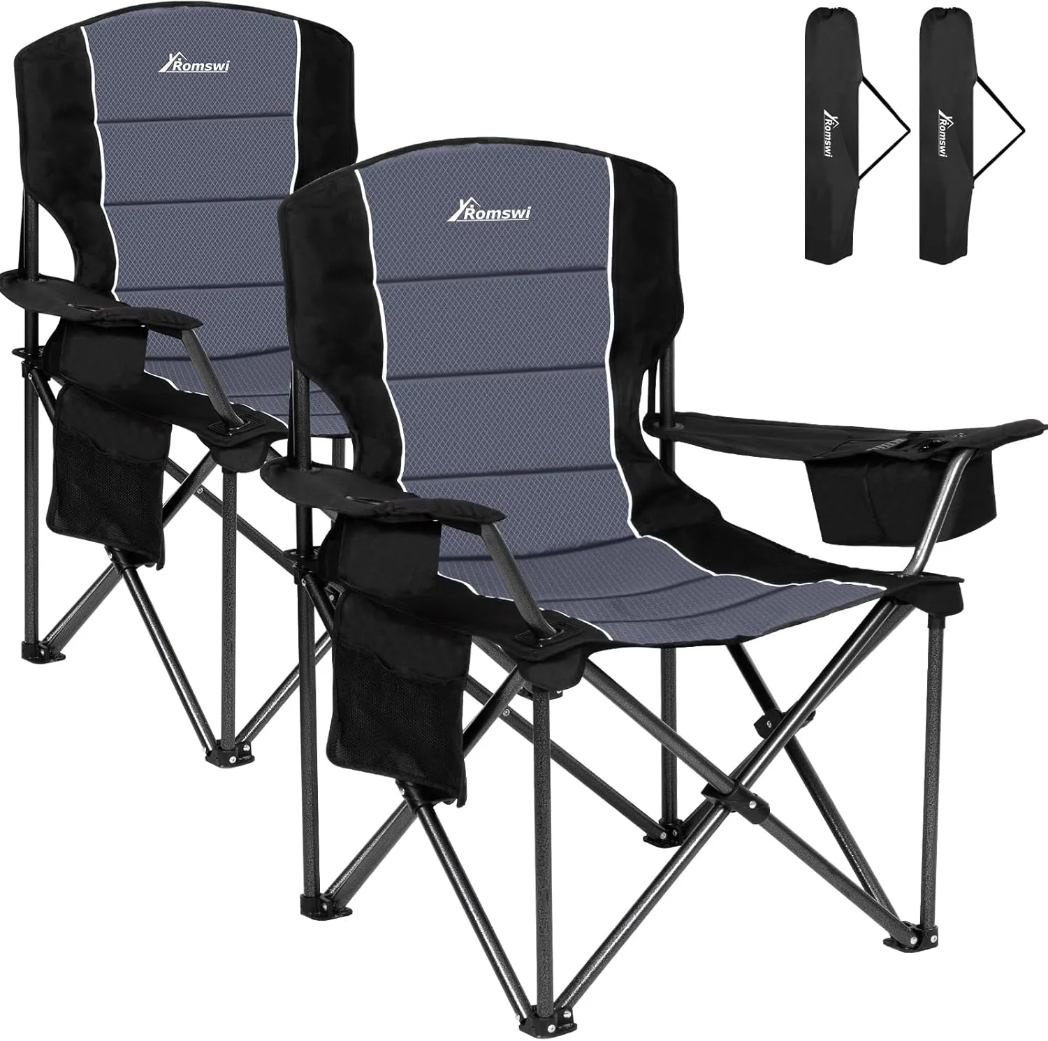 Romswi Oversized Camping Chairs,Heavy Duty Support 500 LBS,Padded Back & Arm Sport Chairs, Cup Holder Cooler Bag, Collapsible Folding Chairs for Outdoor, Fishing & Garden