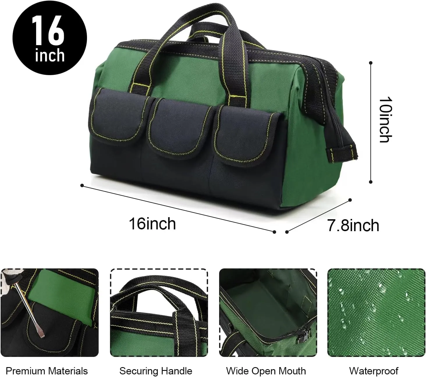 Rugged 16-Inch Wide Mouth Tool Bag for Professionals, Waterproof and Durable. Great for Construction Electricians Carpentry and DIY Enthusiasts, Green