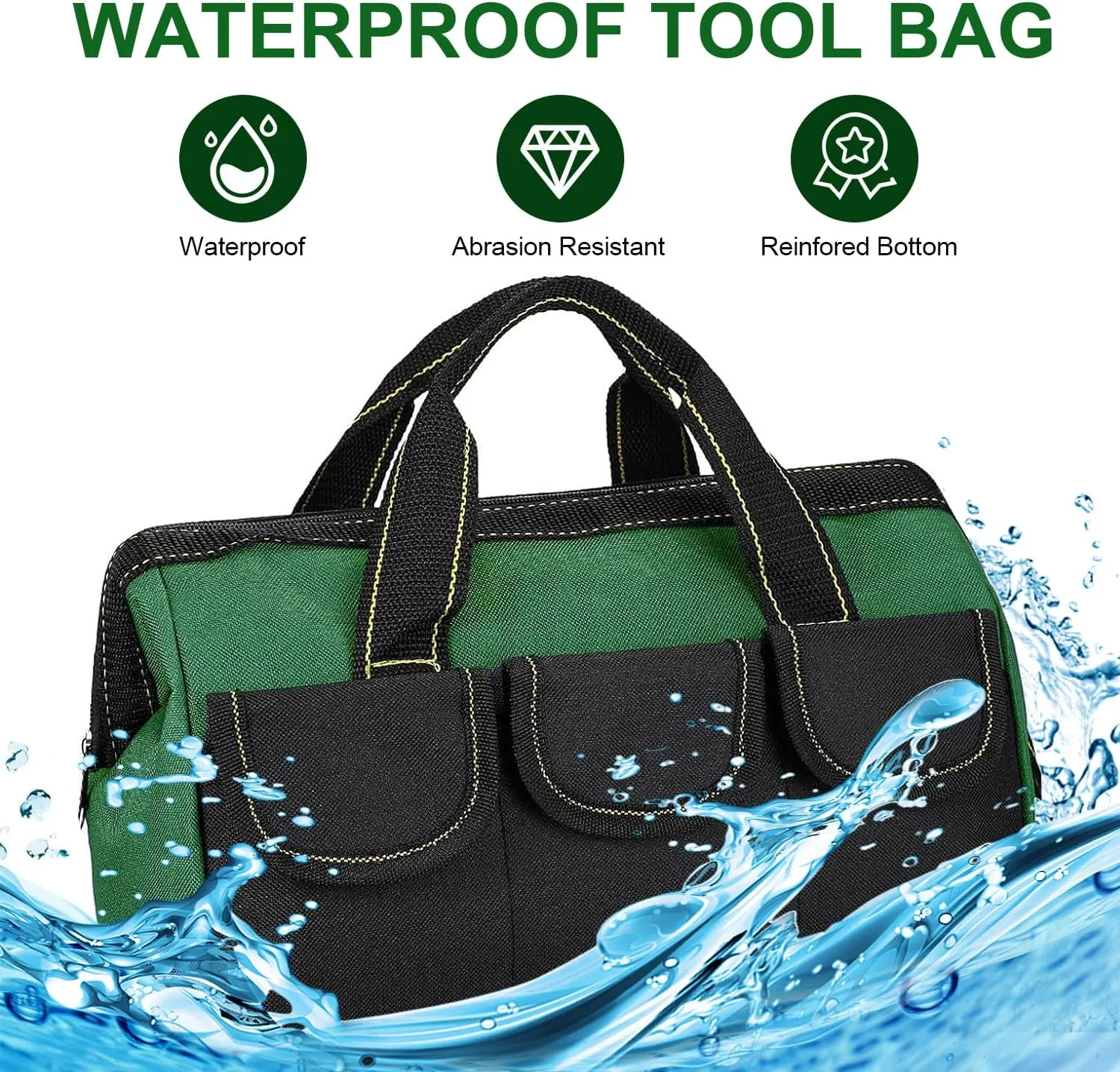 Rugged 16-Inch Wide Mouth Tool Bag for Professionals, Waterproof and Durable. Great for Construction Electricians Carpentry and DIY Enthusiasts, Green