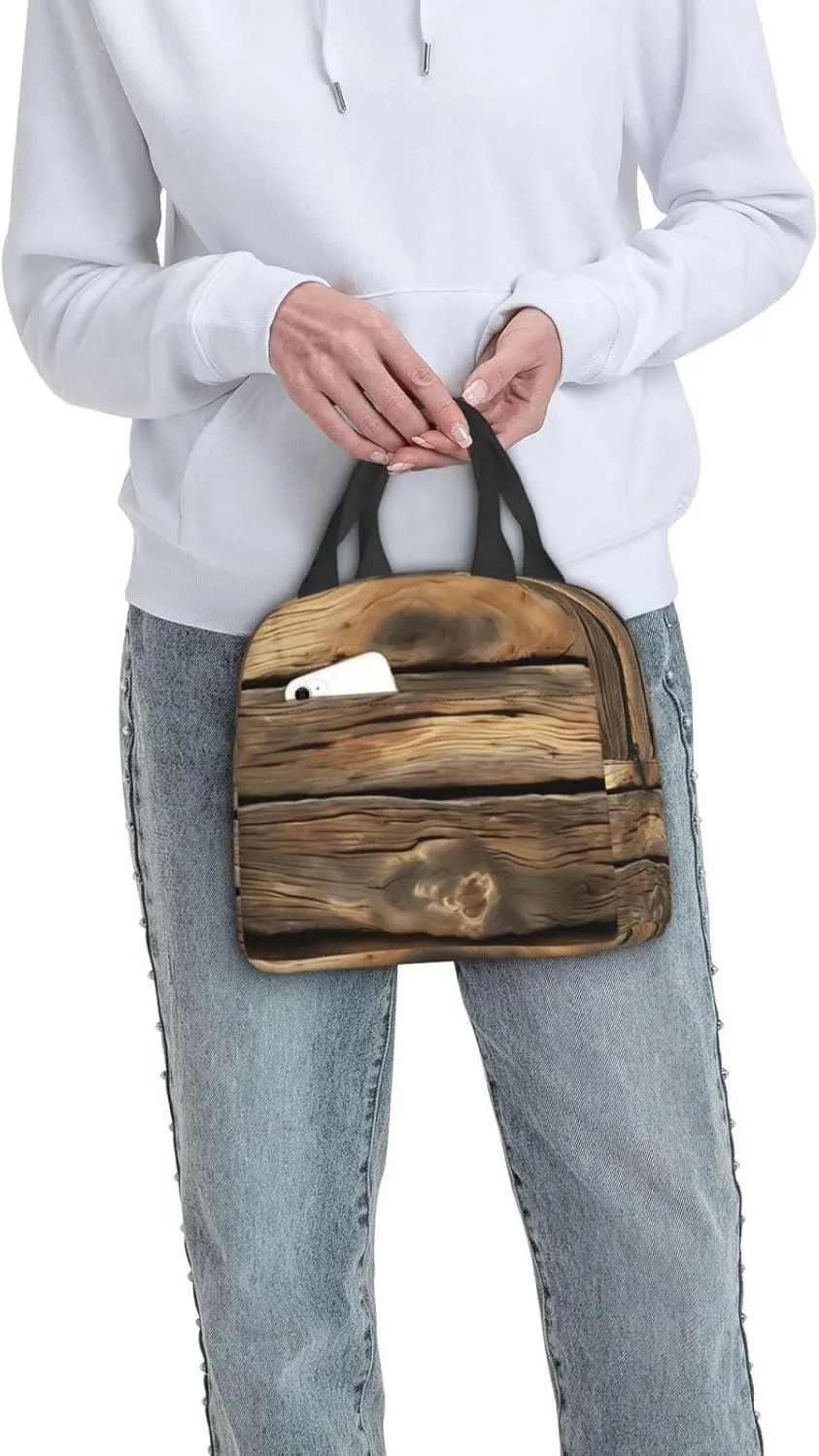 Rustic Wood Plank Lunch Bag for Women Men Insulated Lunch Box for Work/Picnic/Travel Reusable Durable Lunch Box