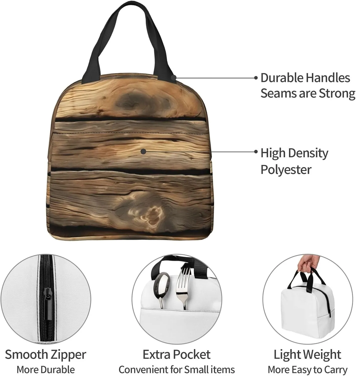Rustic Wood Plank Lunch Bag for Women Men Insulated Lunch Box for Work/Picnic/Travel Reusable Durable Lunch Box
