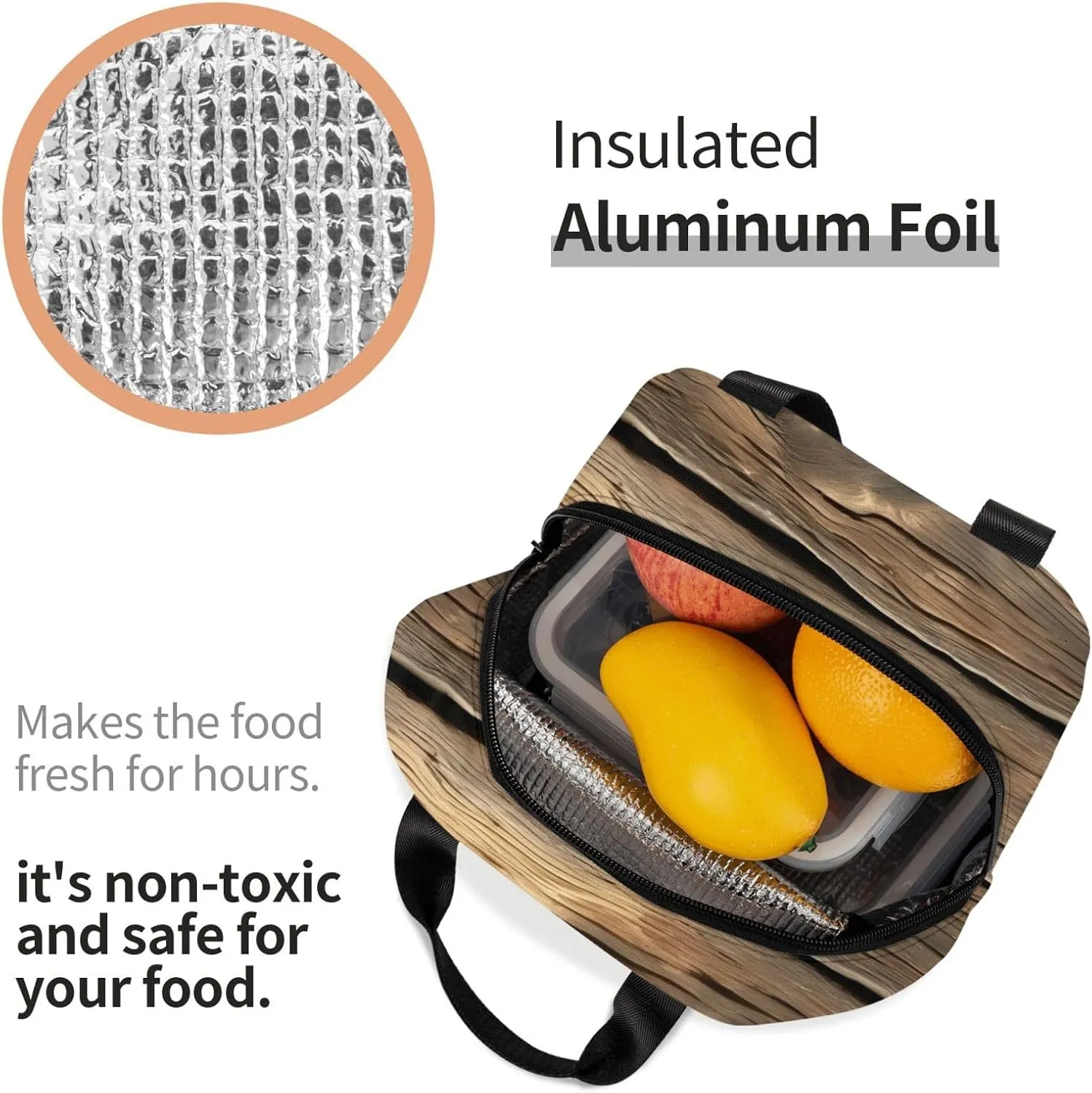 Rustic Wood Plank Lunch Bag for Women Men Insulated Lunch Box for Work/Picnic/Travel Reusable Durable Lunch Box