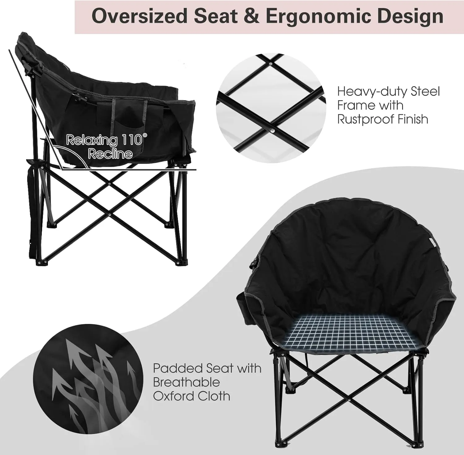 S AFSTAR Oversized Camping Chair, Cushion Padded Moon Round Saucer Chair w/Cup Holder & Carry Bag, Outdoor Leisure Chair, Portable Folding Camp Chair for Camping Fishing, Supports 300lbs (Black)