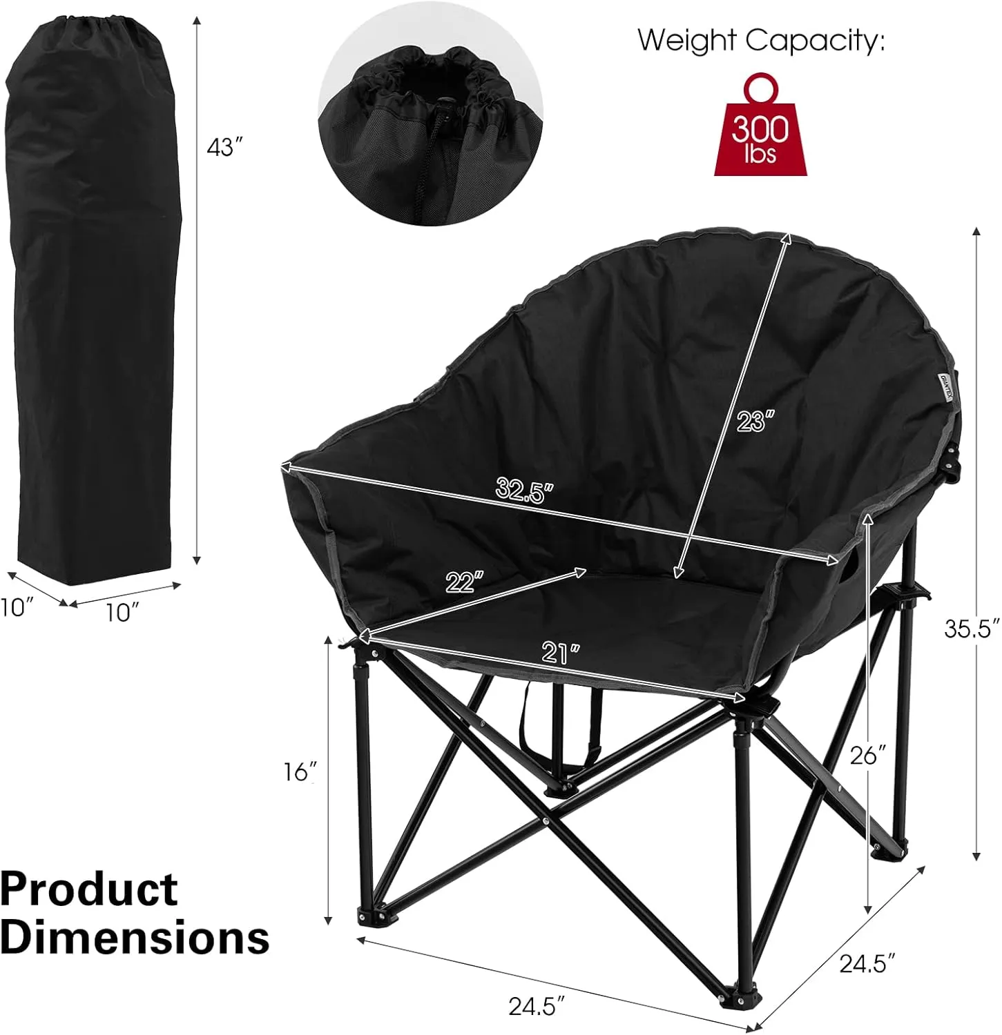 S AFSTAR Oversized Camping Chair, Cushion Padded Moon Round Saucer Chair w/Cup Holder & Carry Bag, Outdoor Leisure Chair, Portable Folding Camp Chair for Camping Fishing, Supports 300lbs (Black)