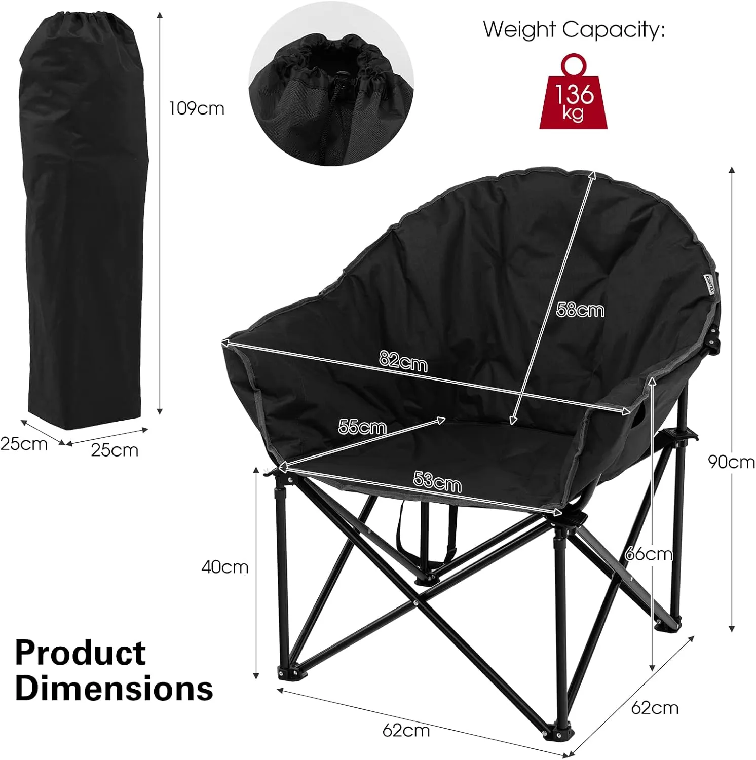 S AFSTAR Oversized Camping Chair, Cushion Padded Moon Round Saucer Chair w/Cup Holder & Carry Bag, Outdoor Leisure Chair, Portable Folding Camp Chair for Camping Fishing, Supports 300lbs (Black)