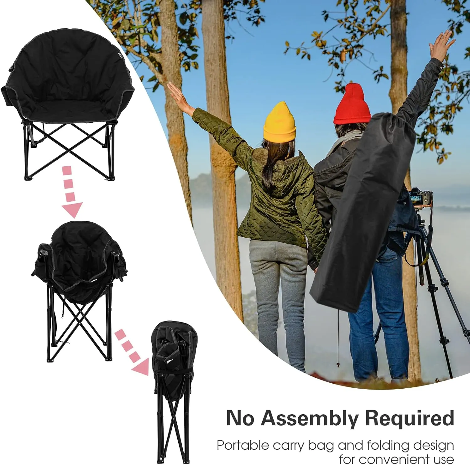 S AFSTAR Oversized Camping Chair, Cushion Padded Moon Round Saucer Chair w/Cup Holder & Carry Bag, Outdoor Leisure Chair, Portable Folding Camp Chair for Camping Fishing, Supports 300lbs (Black)