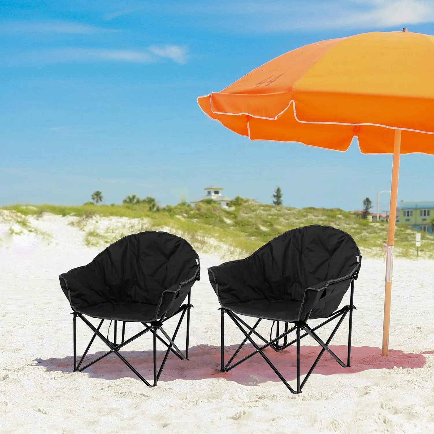 S AFSTAR Oversized Camping Chair, Cushion Padded Moon Round Saucer Chair w/Cup Holder & Carry Bag, Outdoor Leisure Chair, Portable Folding Camp Chair for Camping Fishing, Supports 300lbs (Black)