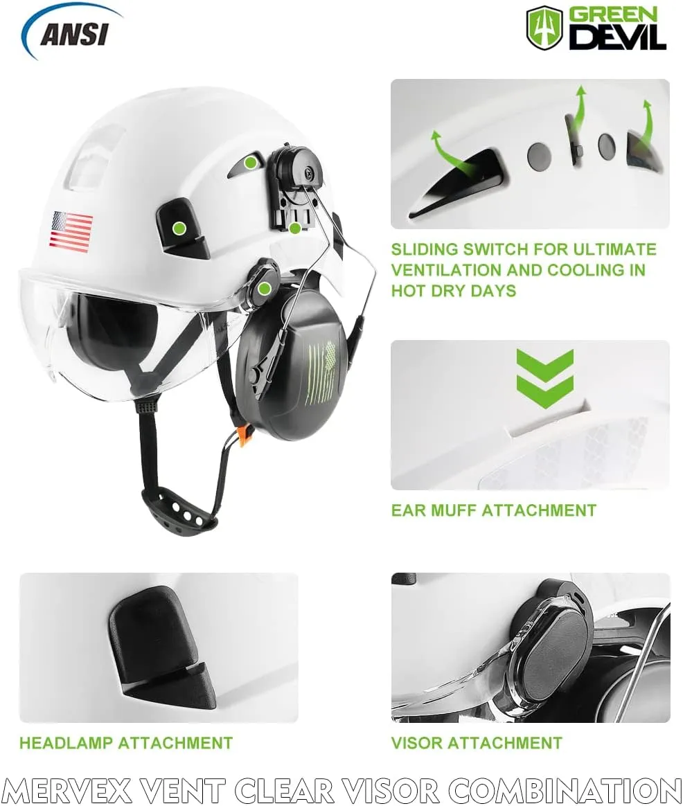 Safety Helmet Hard Hat with Visor and Ear Protection Adjustable Lightweight Vented ABS Work Helmet for Men and Women 6-Point Suspension ANSI Z89.1 Approved Ideal for Industrial & Construction
