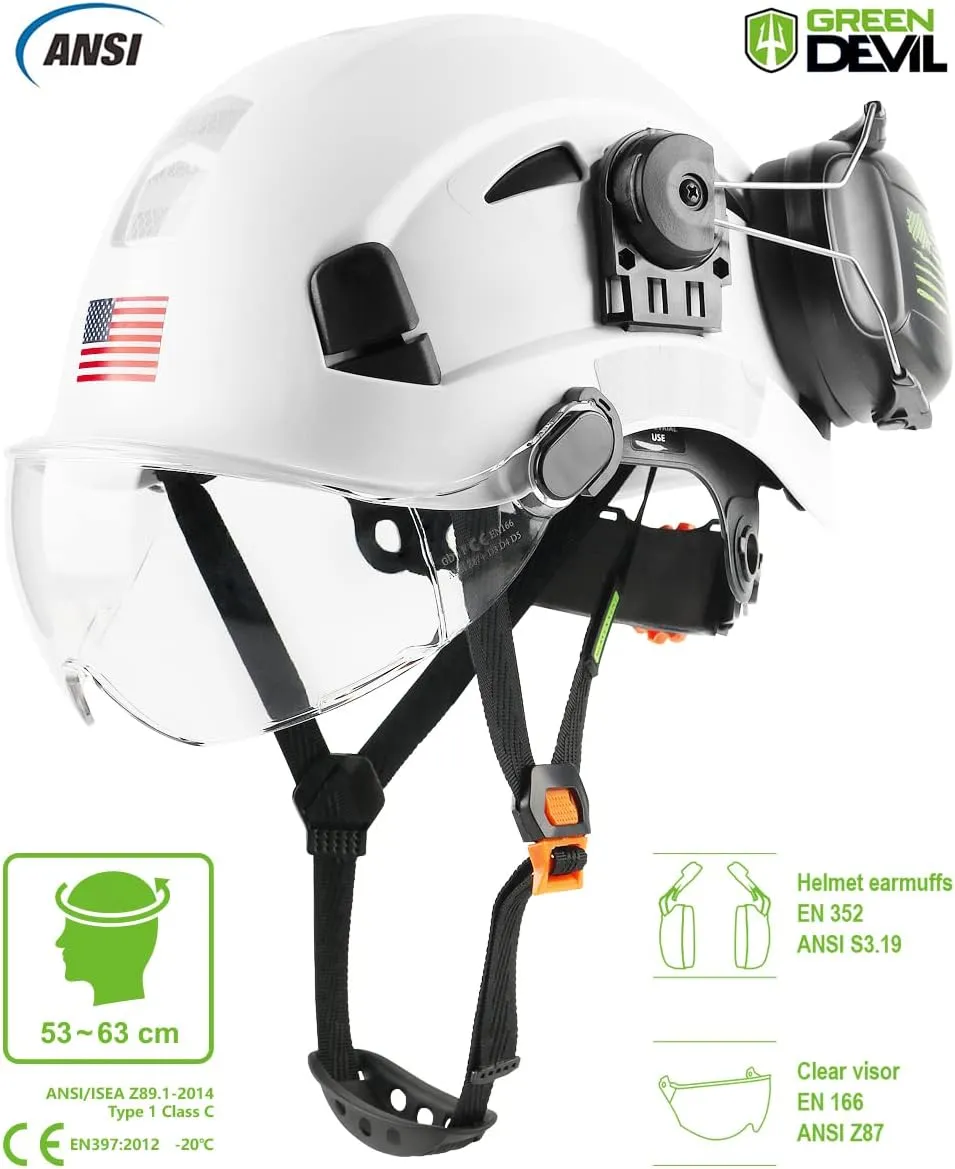 Safety Helmet Hard Hat with Visor and Ear Protection Adjustable Lightweight Vented ABS Work Helmet for Men and Women 6-Point Suspension ANSI Z89.1 Approved Ideal for Industrial & Construction