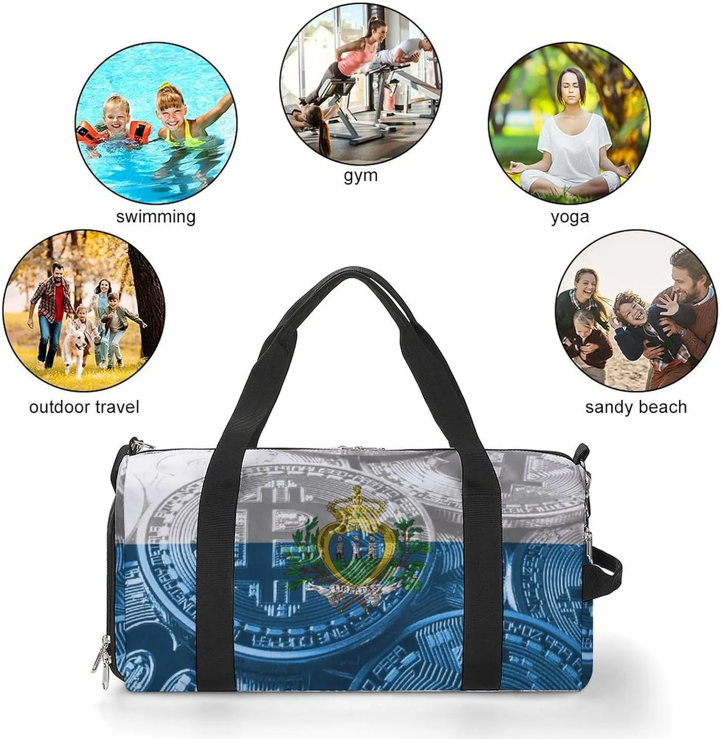 San Marino Flag Bitcoin Travel Duffel Bag with Shoe Compartment for Yoga and Sports