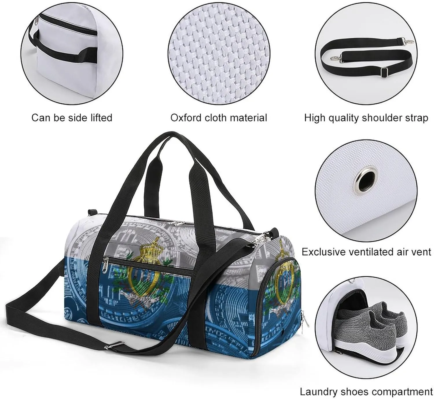 San Marino Flag Bitcoin Travel Duffel Bag with Shoe Compartment for Yoga and Sports