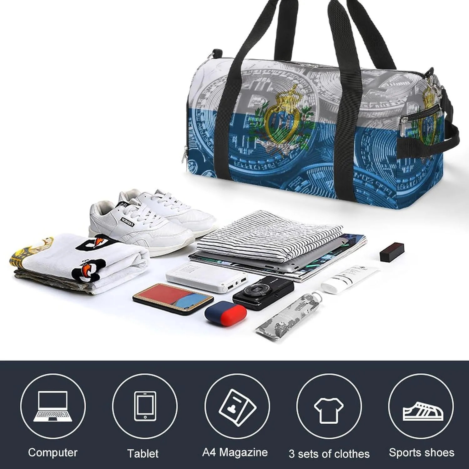 San Marino Flag Bitcoin Travel Duffel Bag with Shoe Compartment for Yoga and Sports