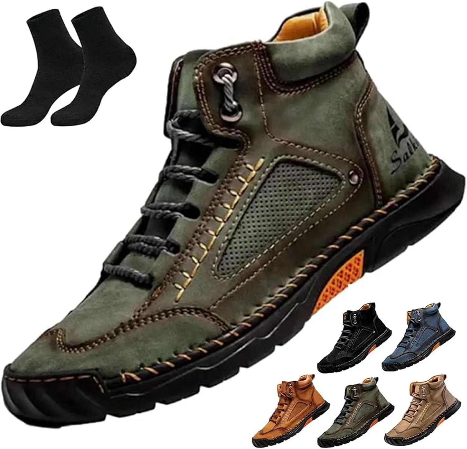 Sawbehind Mens Boots,Sawbehind Leather Shoes, Men's Comfortable Handmade Leather Boots – Waterproof, Outdoor Arch Support Orthopedics Ankle Shoes