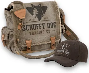 SCRUFFY DOG Pack: Vintage Messenger Bag & Premium Waxed Baseball Cap Bundle for Men & Women - Durable Canvas Tote, Laptop & Travel Crossbody Satchel, Hat for Hikers and Bikers