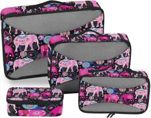 Seamless Bright Colorful Pink Elephants Leaves Flowers on Dark 4 PCs Set Packing Bags, Luggage Organizer Bag, Portable Cube Toiletry bag, Durable Travel Cosmetic Storage Bag for Men Women