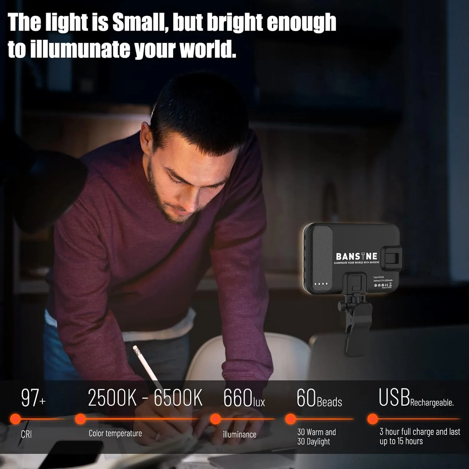 Selfie Light - BANSINE USB-Rechargeable LED Phone Light - Portable Photo Light with 97  CRI, Up to 6500K Color Temperature for Selfie, Zoom Conference, Video, Makeup and Live Stream