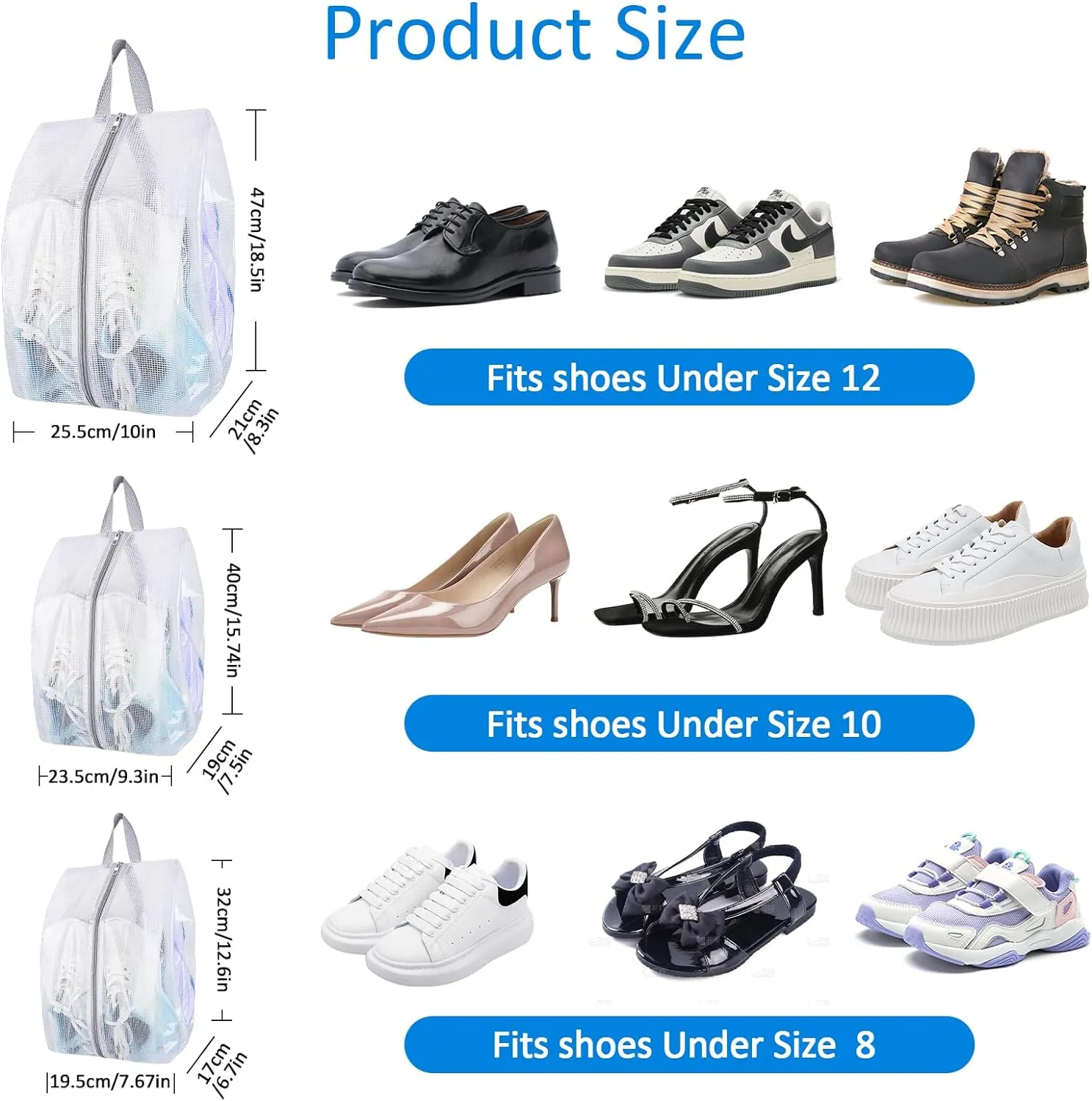 SelfTek Shoe Bags for Travel, 6 Pack 3 Size Double-Sided Zipper Shoe Bag for Men & Women & Children, Waterproof Portable Shoe Storage Pouch with Handle, Family Travel Accessories