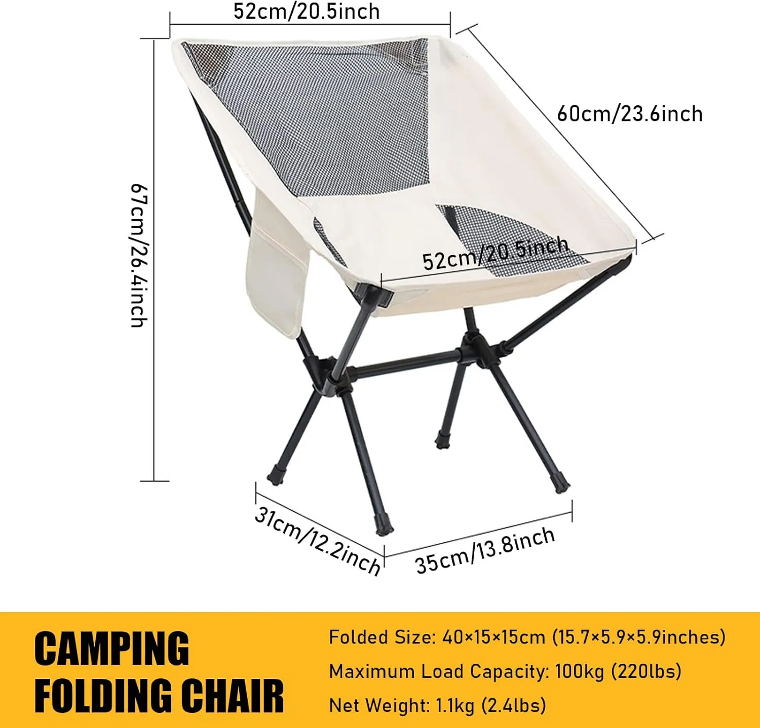 Set of 2 Outdoor Camping Chairs for Adults, Ultralight Portable Folding Chair with Carry Bag, 600D Oxford Fabric, 100KG Load Capacity, for Travel, Beach, Picnic, Hiking,Black b
